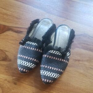 AGL Women's Navy. Pink and White Woven Mules